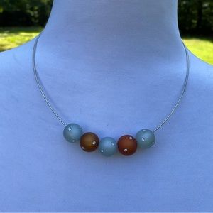 NECKLACE STERLING SILVER 925 WIRE 18” 5 LUCITE BEADS BLUE BROWN RHINESTONE